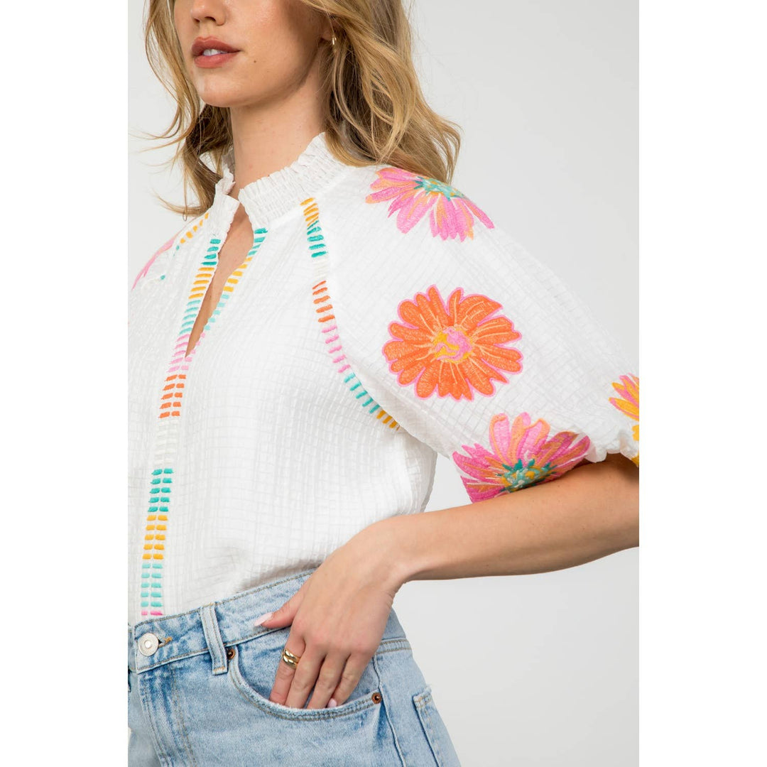 In Full Bloom Embroidered Puff Sleeve Top