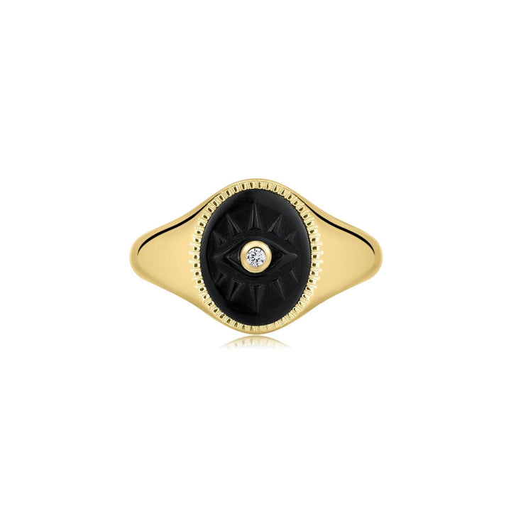 EKLEXIC Evil Eye Signet Ring with Black Turquoise & Cz Center Stone