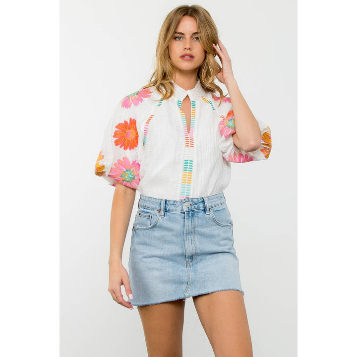 In Full Bloom Embroidered Puff Sleeve Top