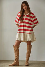 Varsity Red Stripe Pleated Mini Dress