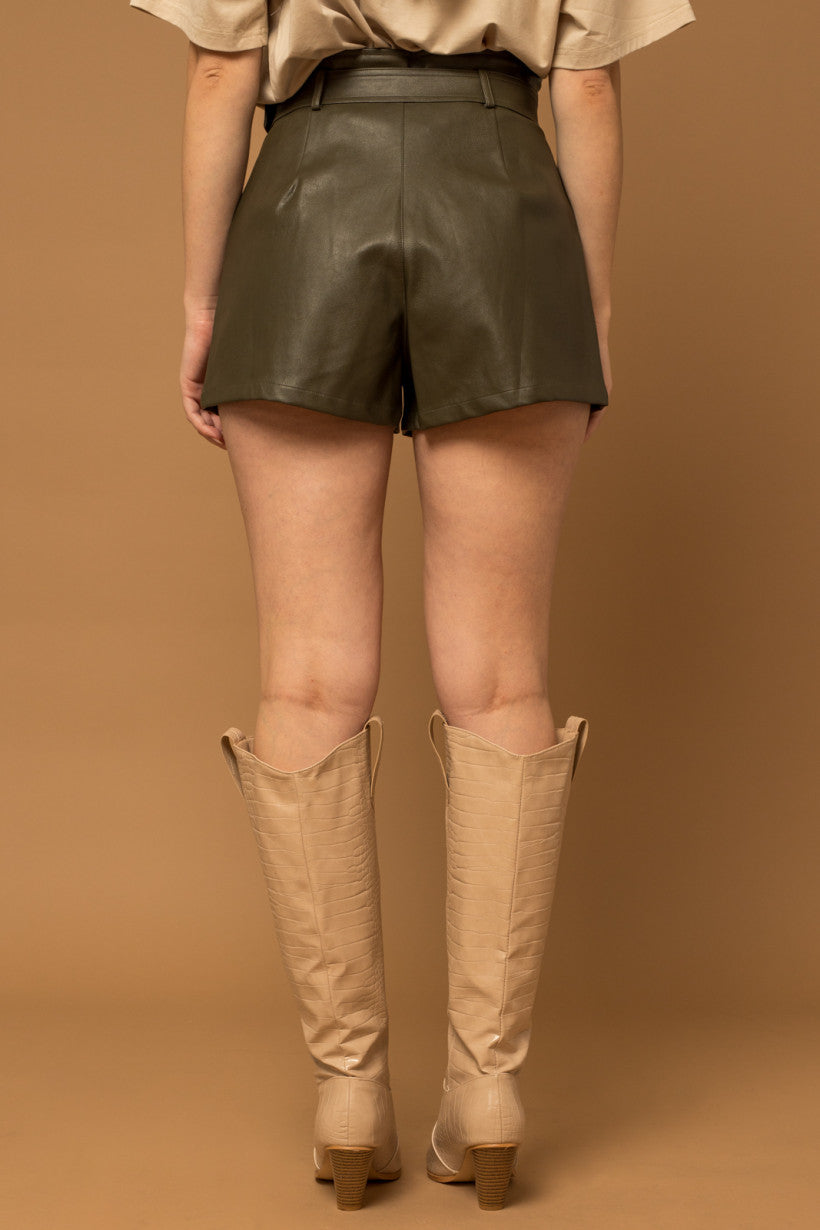 Olive Grove Leather Paperbag Shorts