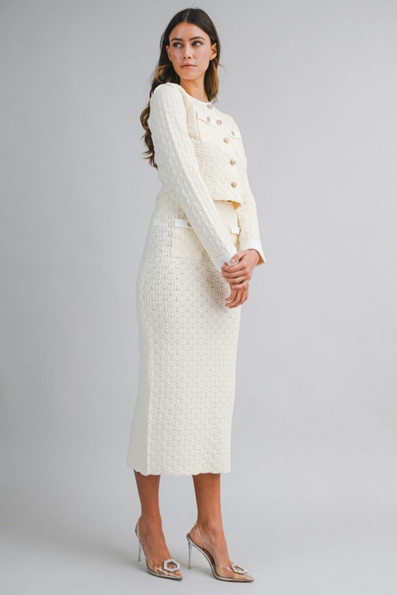 Knit Jewel Button Crop Jacket & Midi Skirt Set