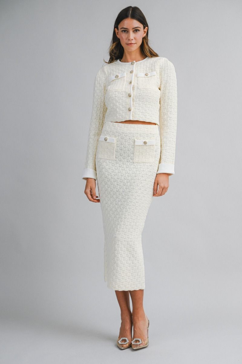 Knit Jewel Button Crop Jacket & Midi Skirt Set