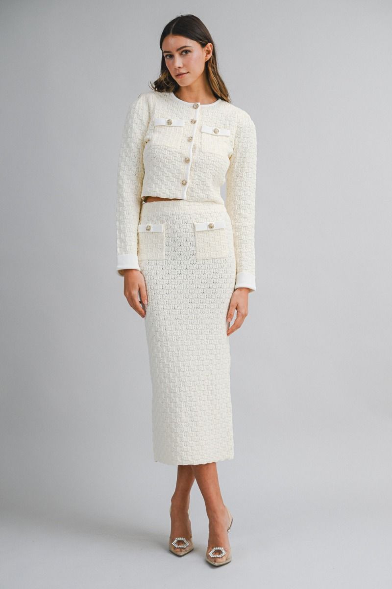 Knit Jewel Button Crop Jacket & Midi Skirt Set