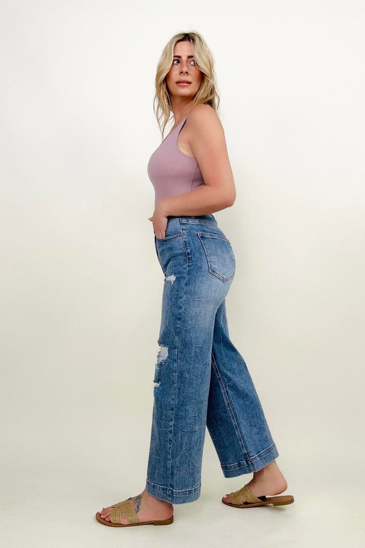 Bayeas: High Rise Distressed Wide Leg Cropped Jeans